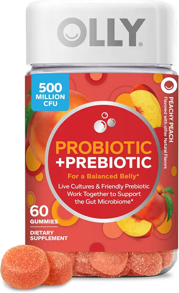 71gFzEZbJCL._AC_UL960_FMwebp_QL65_ OLLY Probiotic Prebiotic Gummy 500 million CFUs Peachy Peach - 60 Count Gut Health Support 500 million CFU of Bacil (New) - Image 1