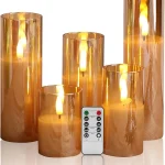 Eywamage Amber Gold Glass Flameless Pillar Candles with Remote Set of 5 Flickering Fall LED Candles Batteries Included (New)