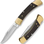 Buck Knives 110 Folding Hunter Knife with Sheath Ebony &amp Brass 72 oz 3-3/4&quot Clip Point 420HC Steel Blade Lockback De (New)