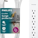 Philips 6 Ft Surge Protector Power Strip Braided Extension Cord Flat Plug 6 Outlet Extender 1080 Joules Wall Mount (New)