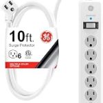 GE Surge Protector Power Strip 10 Ft Extension Cord 6 Outlet Extender 800 Joules Flat Plug Wall Mount Twist-to-Clos (New)