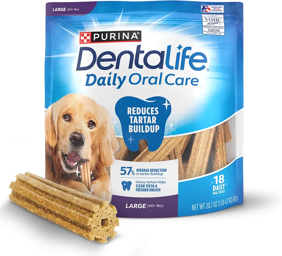 81FxURioCoL._AC_UL960_FMwebp_QL65_ Dentalife Purina Daily Dental Chews for Large Dogs 18 ct Pouch Chewy ridged texture in a tasty chicken flavor helps r (New) - Image 1