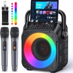 CYY Karaoke Machine Portable Bluetooth Speaker with 2 Wireless Microphones Immersive Sound 5 Light Modes PA System T (New)