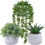 Winlyn 3 Pcs Assorted Small Potted Succulent Plants Artificial Aloe Hops String of Pearls Succulents in Gray Geometric Con (New)