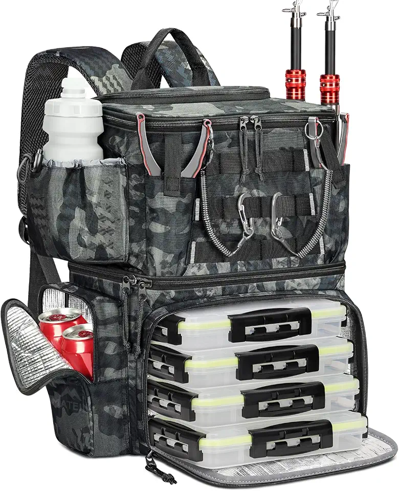 81w5048WhjL._AC_UL960_FMwebp_QL65_ MATEIN Fishing Backpack with 4 Tackle Boxes Fishing Bag with Rod Holder 3600 Tackle Box 4 Pack Water Resistant Tackle (New) - Image 1