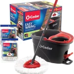 O-Cedar EasyWring Microfiber Spin Mop &amp Bucket Floor Cleaning System 2 Extra Refills Red/Gray (New)