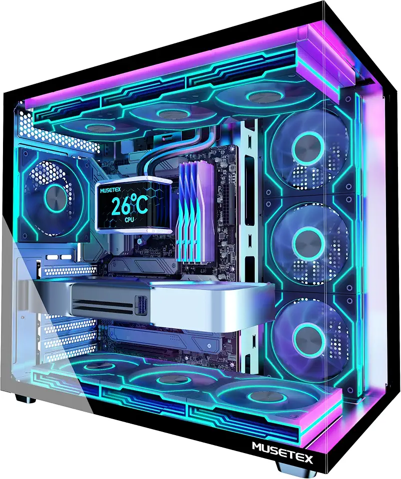 91DsczLM-7L._AC_UL960_FMwebp_QL65_ MUSETEX Y6 PC Case Pre-Installed 7 Infinity Mirror PWM ARGB Fans ATX Mid Tower Computer Case Gaming PC Case with Type- (New) - Image 1