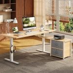 FLEXISPOT 63" L Shaped Standing Desk with Drawers White Wood Grain File Cabinet Multi-Monitor Workspace Reversible De (New)