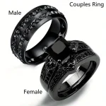 Fashion Couple Rings Women Black Heart Crystal CZ Rings Set Mens Two Rows (New)