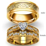 Fashion Couple Rings Luxury Gold Color Women Rhinestones Zircon Rings Set Men Stainless (New)
