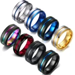Fashion 8MM Mens Stainless Steel Rings Blue Red Colorful Groove Beveled Edge Wedding (New)