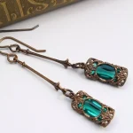 Vintage Green Blue Zircon Rhinestones Long Dangle Earrings for Women Antique Bronze Color (New)