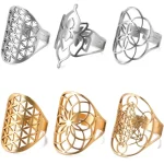 Stainless Steel Flower Of Life Ring Hollow Archangel Amulet Adjustable Finger Ring Sacred (New)