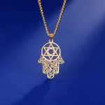 Retro Hexagonal Star Palm Shaped Necklace Stainless Steel Hamza Fatima Hand Necklace Punk (New)