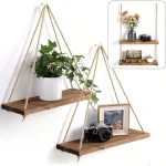 1 Wooden Swing Hanging Hemp Rope Wall Shelve Mounted Floating Home Living Room (New)