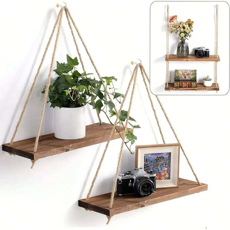 S0d84f69dc81c464684b9b1b57aa210a1y 1 Wooden Swing Hanging Hemp Rope Wall Shelve Mounted Floating Home Living Room (New) - Image 1