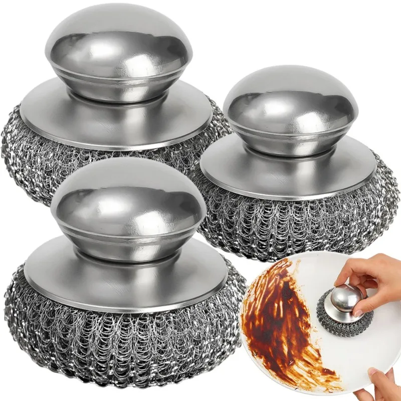 S108e1169baa14e68ae1474f7b4111d9ew Stainless Steel Pot Brush with Handle And Robust Metal Ball Dishwashing Cleaner Metal (New) - Image 1