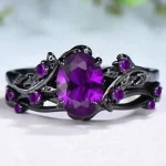 2 Set Fashion Black Gold Color Purple Rhinestone Zircon Rings For Women Full Crystal (New)