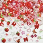 100 Random Mixed Strawberry Flowers Nail Charms Sweet Resin Flatback Moon Nail Art (New)