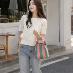 Korean Style Mini Knit Tote Bag Women Striped Crochet Bucket Handbag Lightweight Summer (New)