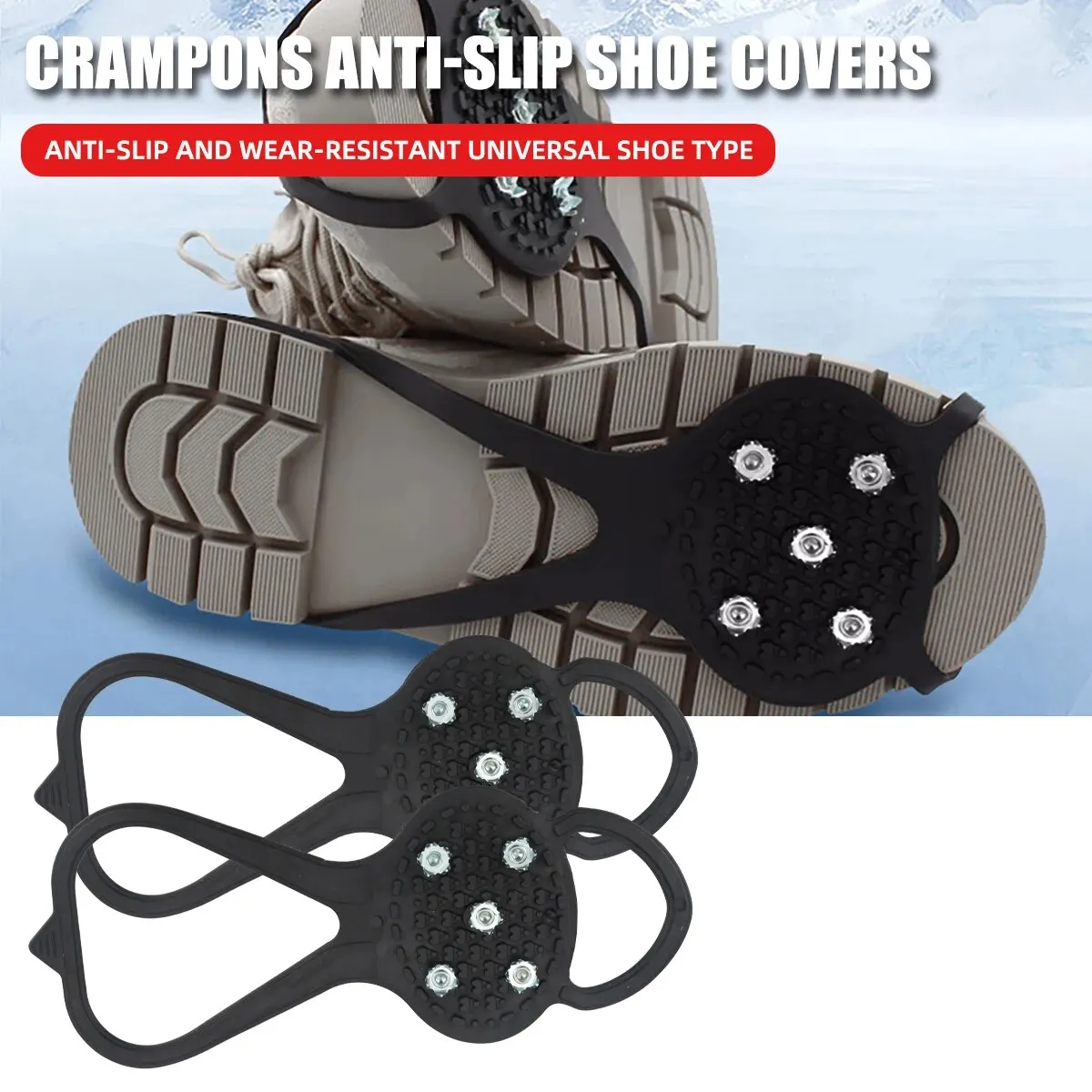 S1f50f964baf54878a673ebe245055302E 1 Pair Universal Professional Winter Safety Boots 5 Studs Anti Skid Ice Snow Climbing (New) - Image 1