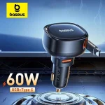 Baseus 60W Car Charger 2 in 1 Retractable Cable SCP 25W QC PD (New)