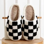 Fuzzy Slippers Fashion Checker Indoor Embroidery Houseshoes Cozy Woman Winter Fluffy House (New)