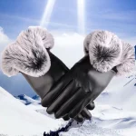 Womens Large V shaped Touch Screen Warm Plush Leather Gloves Winter Cycling Fashion Black (New)