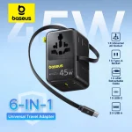 Baseus 6 IN 1 GaN Phone Charger Universal Travel Adapter 45W 70W Retractable Cable 2AC Socket (New)