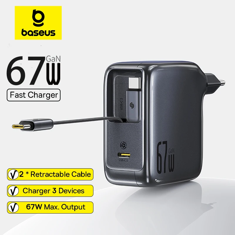 S32955d6778d149b59d224c685a996478d Baseus 67W 100W Fast Charger GaN Charger USB C Retractable Cable Phone Charger (New) - Image 1