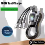 100W Fast Charging Cable 3 In 1 Multi Charger Cable Nylon Braided Multiple (New)