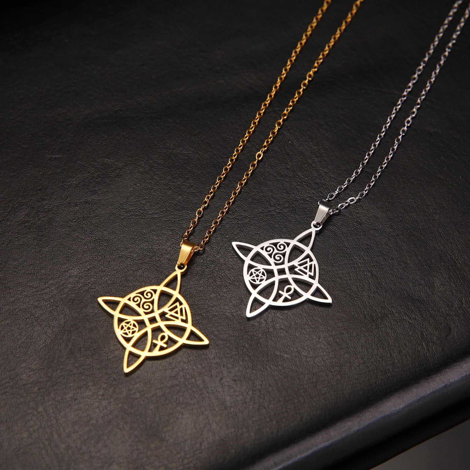 S3ed4e1cc8ffa4e42bee3d40af581031ah Skyrim Witchcraft Witch Knot Necklace Women Stainless Steel Neck Chains Valknut Triskelion Ankh (New) - Image 1