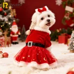 Festive Dog Dress Santa Claus Costume Red Mesh Skirt Christmas Gold Velvet Fabric (New)