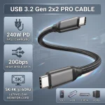 USB C 3.2 Gen 2x2 Cable 20Gbps Data Transfer 4K@144Hz Monitor Cord 240W (New)