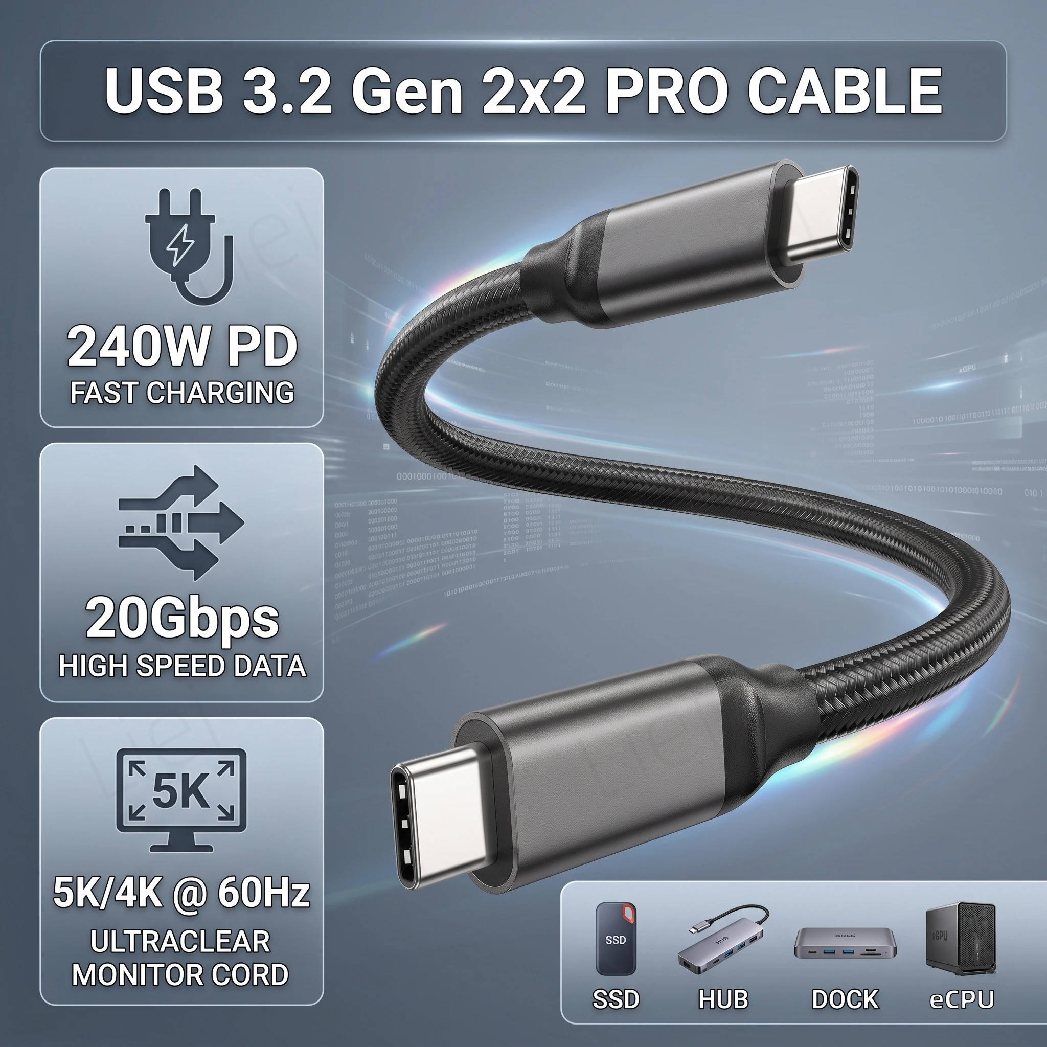 S448ffb9c5d0844acaa56f0ecd92017f5Q USB C 3.2 Gen 2x2 Cable 20Gbps Data Transfer 4K@144Hz Monitor Cord 240W (New) - Image 1