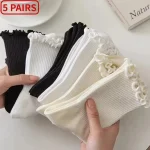 5 Pairs  Lot Socks for Women Ruffle Middle Tube Ankle Short Breathable Black (New)