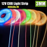 12V 3mm Width Ultra Thin COB LED Light Strip Colorful Dimmable High Density (New)