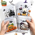 100 Small Halloween Treat Bags,Clear Self Adhesive Candy Bags, Plastic Cookie Bags for (New)