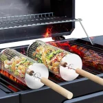 Round Barbecue Grill Basket Set, Stainless Steel Rolling BBQ Cage, Wire Mesh Cylinder (New)