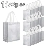 16 8 Reusable Gift Bags Giftbag Glossy Silver, with handle 10x4x8in Metallic Bling Design (New)