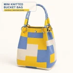 Mini Knitted Bucket Bag Women Small Handbag Geometric Colorblock Wristlet Purse With Detachable (New)