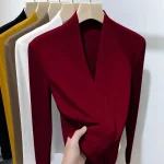 Autumn Winter T Shirts Women Solid V Neck Plus Velvet Thicken Warm Fashion Long (New)