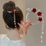 1  Fashion Exquisite Artificial Pearl Tassel Rose Flower Hair Claws For Women (New)