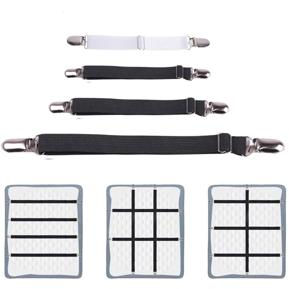 S6b0c9fab4d974fbabaa126ccb388ab83D 4 set Elastic Bed Sheet Strip Fastener Bed Sheet Grippers Belt Adjustable Mattress Cover (New) - Image 1
