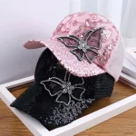 Womens Black Rhinestone Butterfly Decorated Ball Cap Adjustable Breathable Mesh Spring Summer Autumn (New)