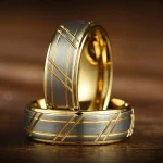 Modern Hammered Men Stainless Steel Rings Gold Color Brushed Groove Pattern Mens Wedding (New)