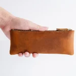 Vintage Genuine Leather Zippered Pencil Case Cowhide Stationery Organizer Pen Holder Writing Utensil (New)