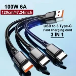 3 In 1 100W 6A USB A to 3 Ã—Type C Fast Charging Data Cable (New)