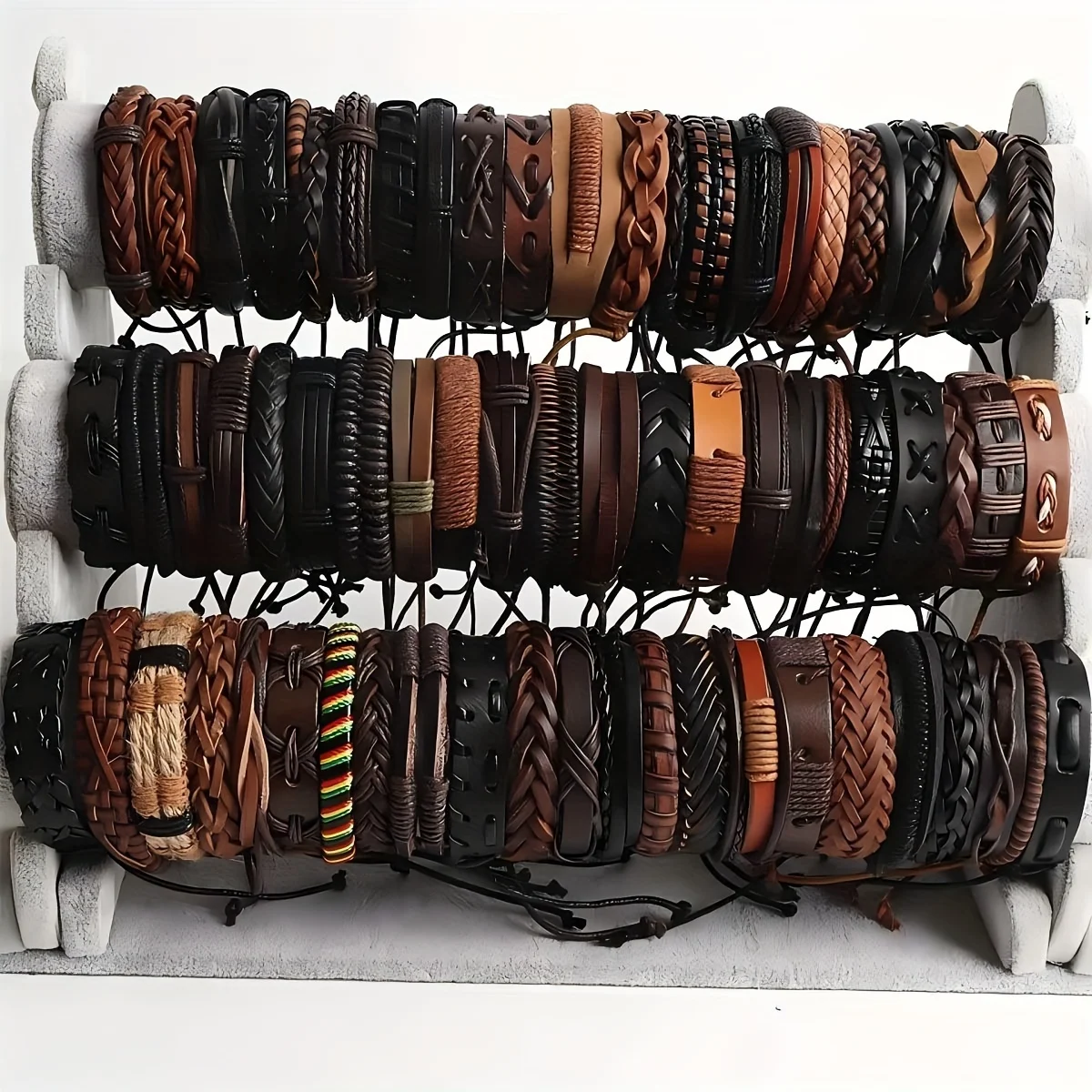 S81f40ab567424b109b7f81b1cb8a00fcD 20 Braided Leather Bracelets for Men Women Wrap Wood Beads Cuff Bracelet Hemp (New) - Image 1
