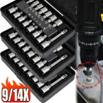 9 14Piece Hexagon Nut Driver Drill Bit Steel Socket Screwdriver Wrench Set Drill Bit (New)